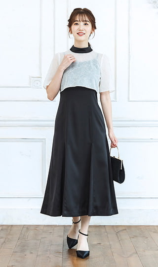 ラメ刺繍×サテン2Pドレス