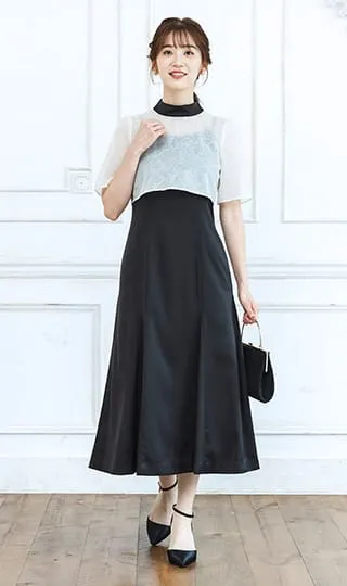 ラメ刺繍×サテン2Pドレス