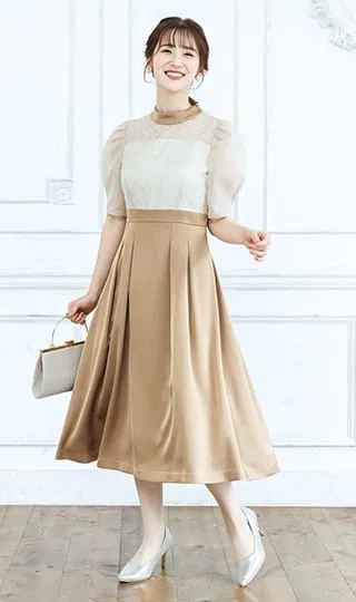 ラメ刺繍×サテンワンピース