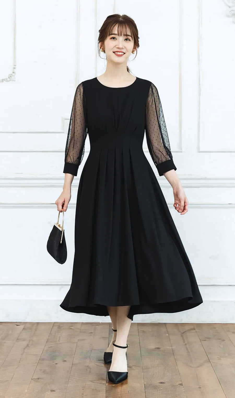 袖ドットチュールタックワンピース