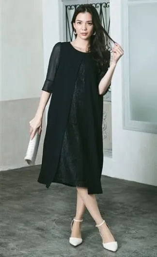 Aラインレースワンピースドレス・ネイビー系の画像