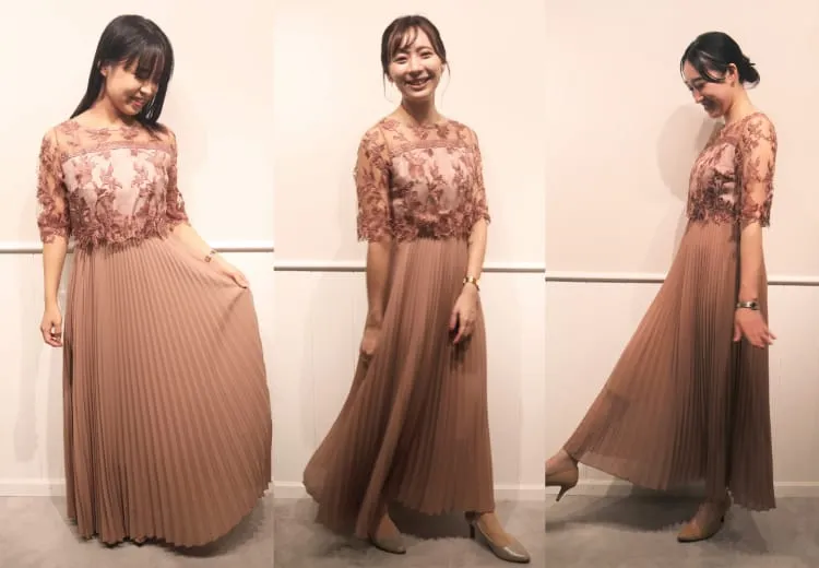 繊細な刺繍レースと細かなプリーツのロングドレスのサイズイメージ画像1