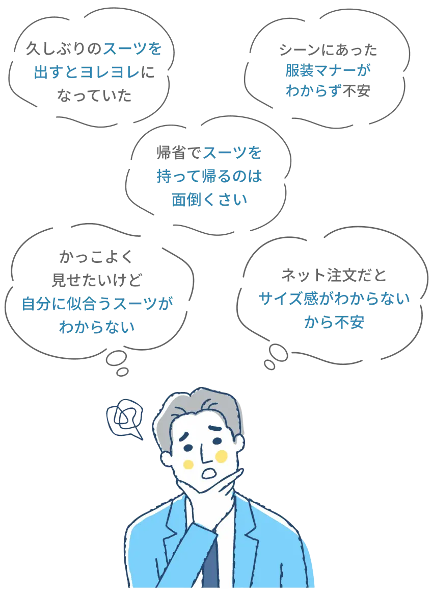 久しぶりのスーツを出すとヨレヨレになっていた|シーンにあった服装マナーがわからず不安|帰省でスーツを持って帰るのは面倒くさい|かっこよく見せたいけど自分に似合うスーツがわからない|ネット注文だとサイズ感がわからないから不安