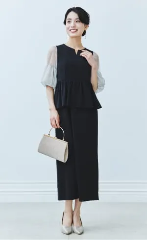 ラメチュールバックサテンドレス ブラック×ホワイトの画像