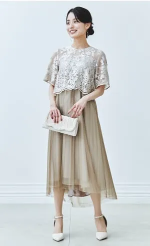 刺繍レースボレロ×チュールプリーツドレス ベージュ系の画像