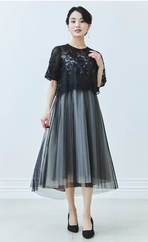 刺繍レースボレロ×チュールプリーツドレス ブラック系の画像