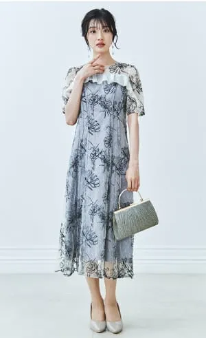 ラメラインフラワー刺繍×シフォンドレス ブルー系の画像