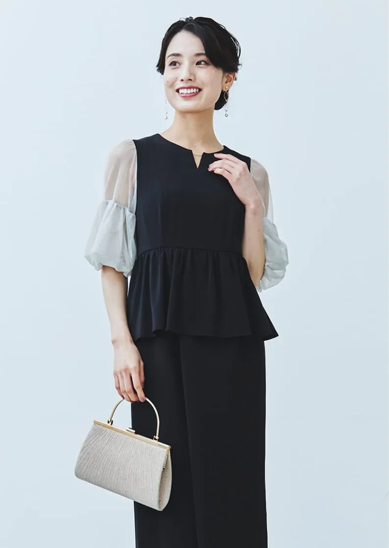 ラメチュールバックサテンドレス ブラック×ホワイトの画像1