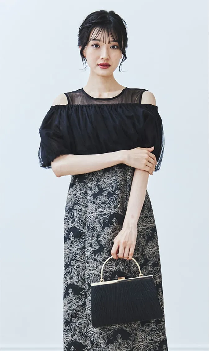 2WAYオフショルダー＆パフスリーブIラインドレス ベージュ系