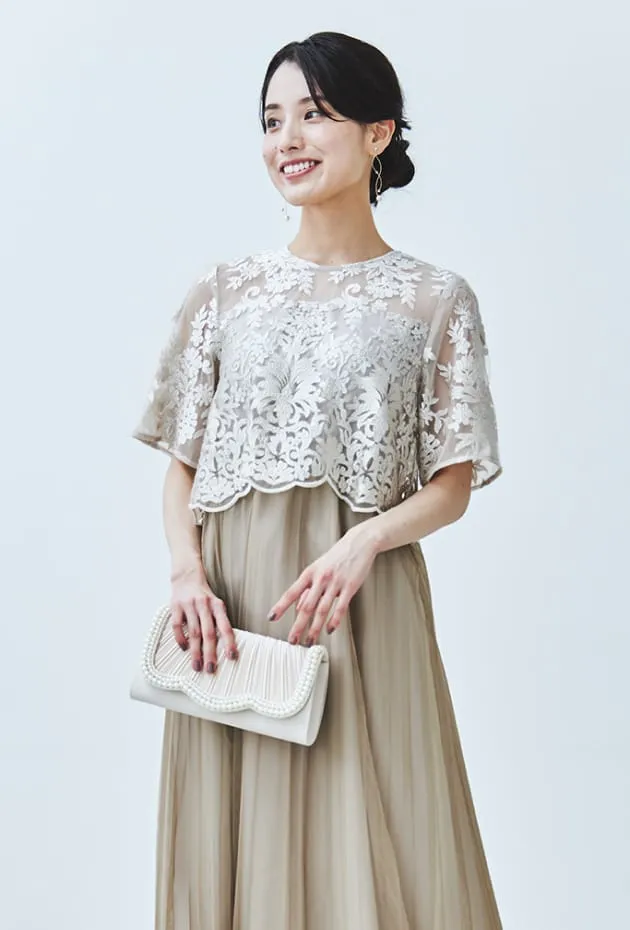 刺繍レースボレロ×チュールプリーツドレス ベージュ系の画像1