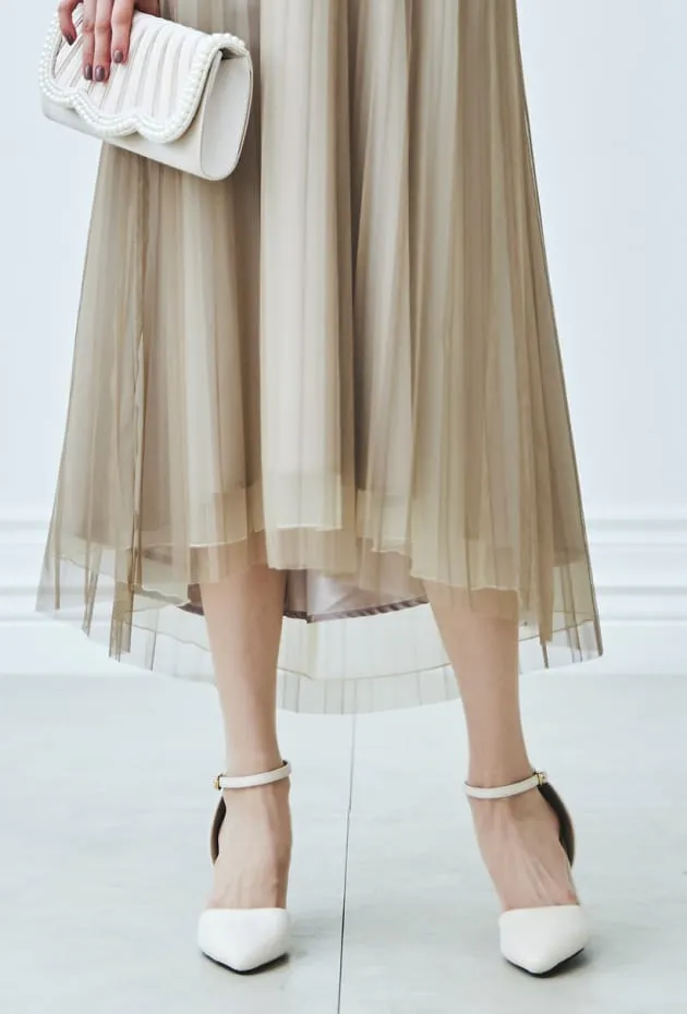 刺繍レースボレロ×チュールプリーツドレス ベージュ系の画像3