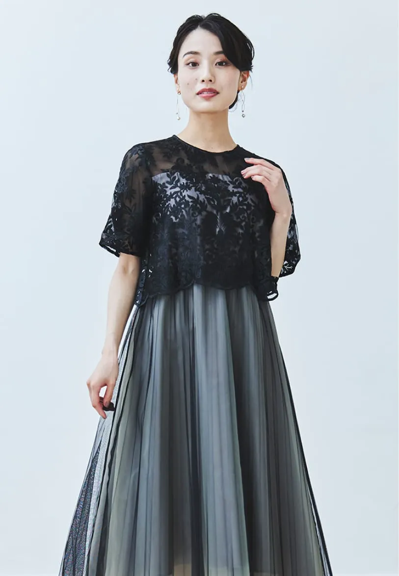刺繍レースボレロ×チュールプリーツドレス ブラック系の画像1