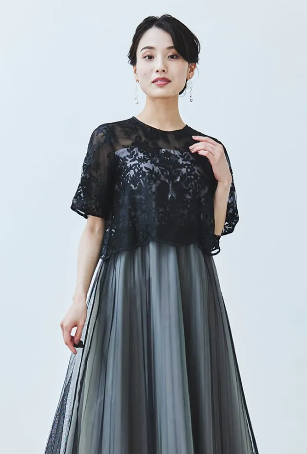 刺繍レースボレロ×チュールプリーツドレス ブラック系の画像4