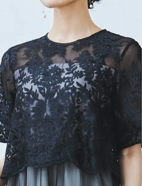 刺繍レースボレロ×チュールプリーツドレス ブラック系の画像2
