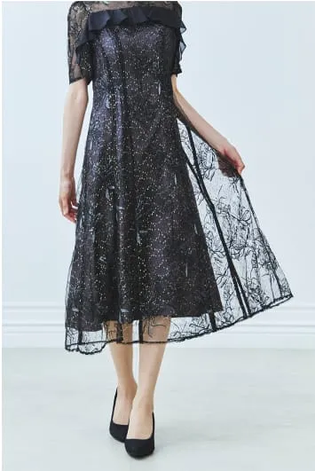 ラメラインフラワー刺繍×シフォンドレス ブラック系の画像3