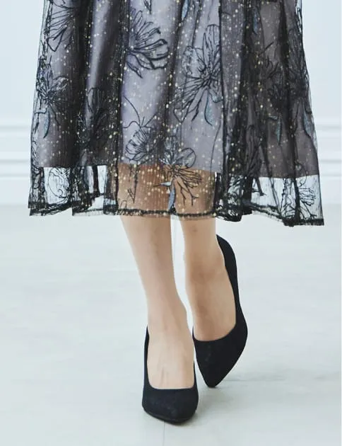ラメラインフラワー刺繍×シフォンドレス ブラックホワイト系の画像2