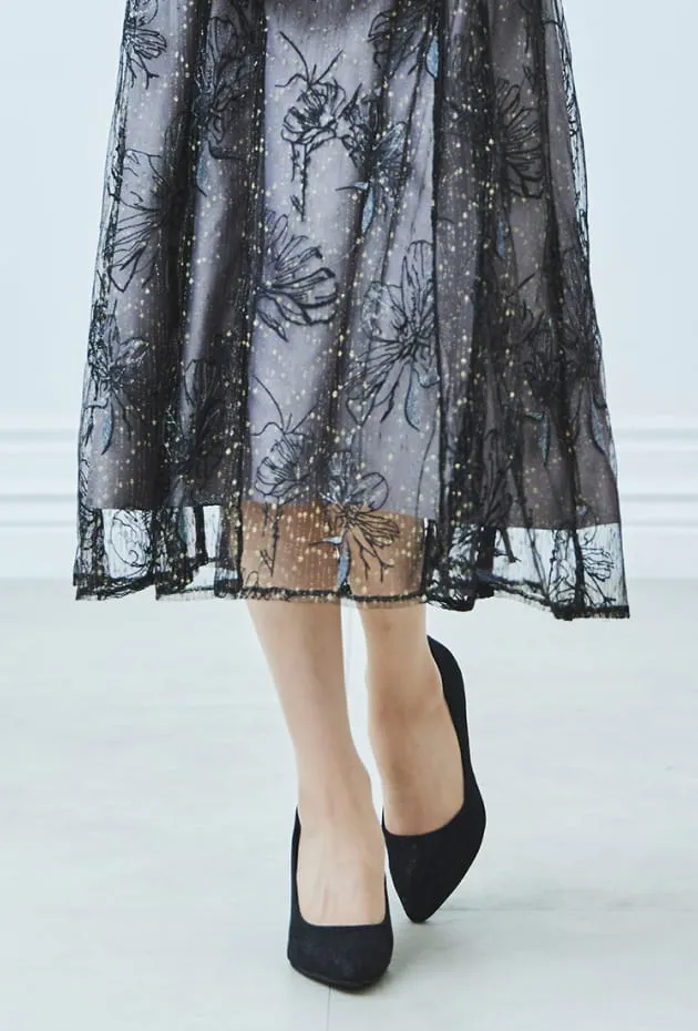 ラメラインフラワー刺繍×シフォンドレス ブラックホワイト系の画像3