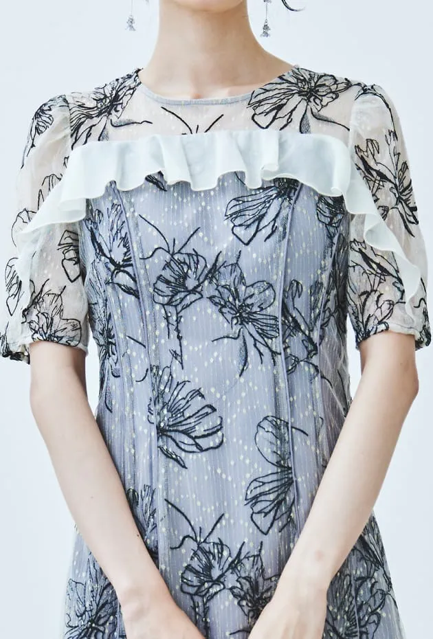 ラメラインフラワー刺繍×シフォンドレス ブルー系の画像2