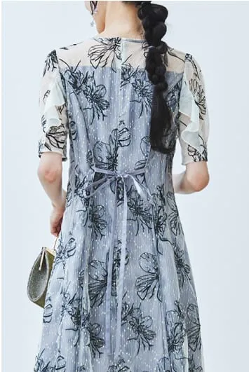 ラメラインフラワー刺繍×シフォンドレス ブルー系の画像3