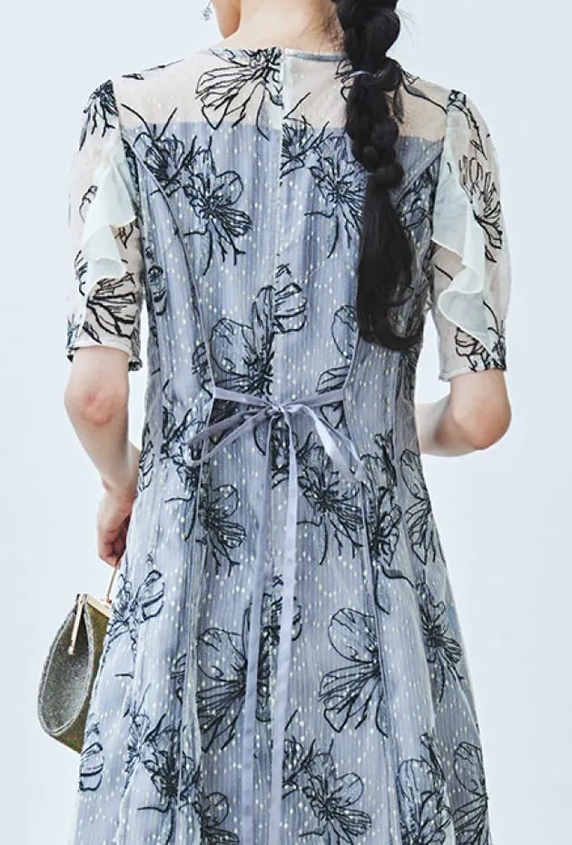 ラメラインフラワー刺繍×シフォンドレス ブルー系の画像3