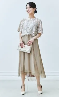 刺繍レースボレロ×チュールプリーツドレス ベージュ系のサムネイル