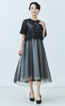 刺繍レースボレロ×チュールプリーツドレス ブラック系のサムネイル