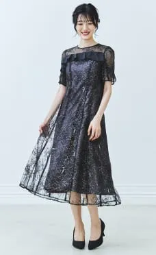 ラメラインフラワー刺繍×シフォンドレス ブラック系