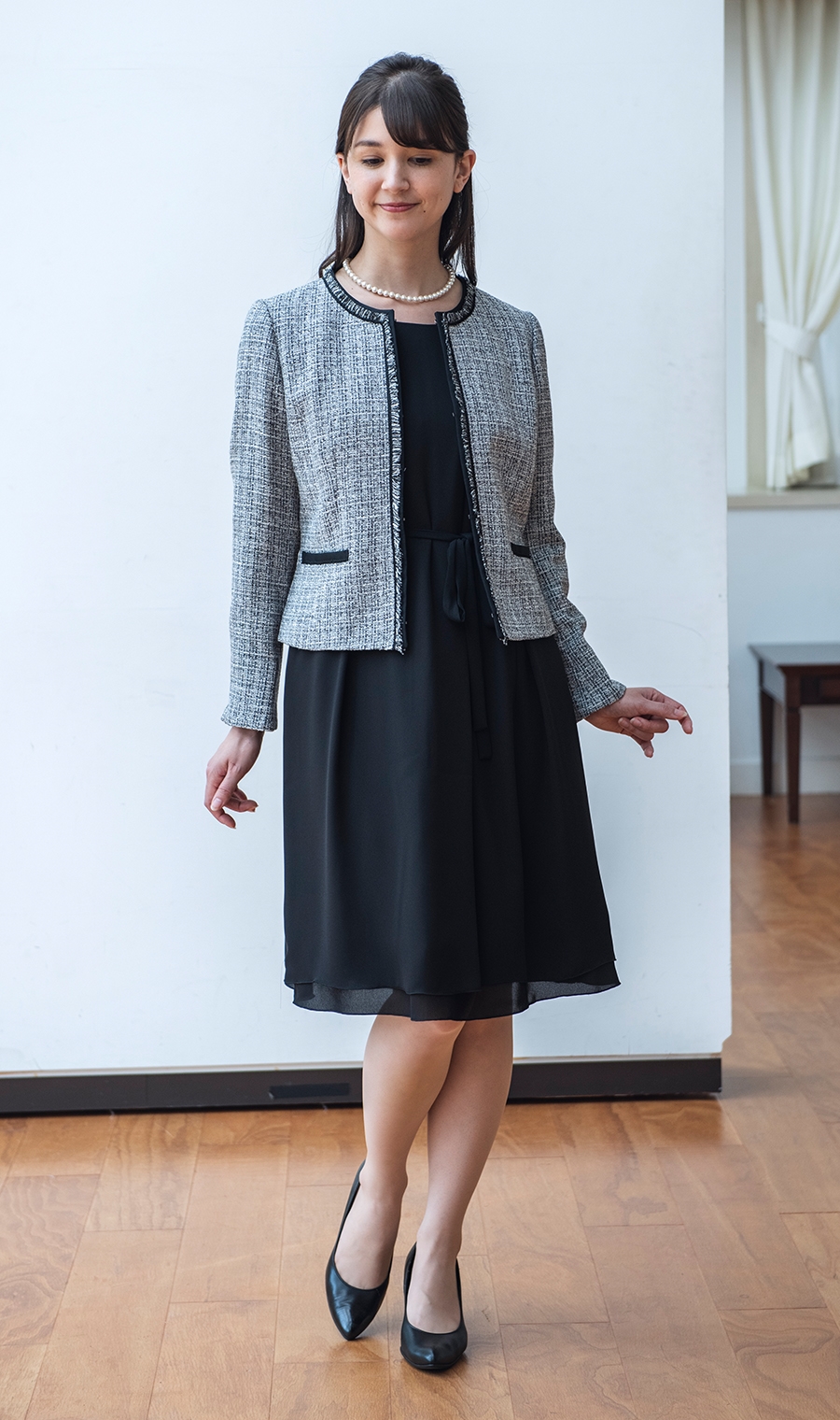 ミックスツイード調ノーカラージャケット＋ブラックワンピースセット