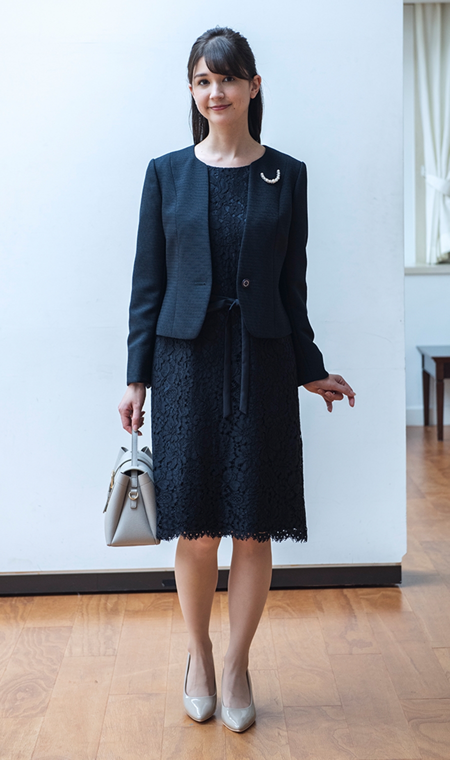 ツイード調Vカラージャケット＋レースワンピースセット