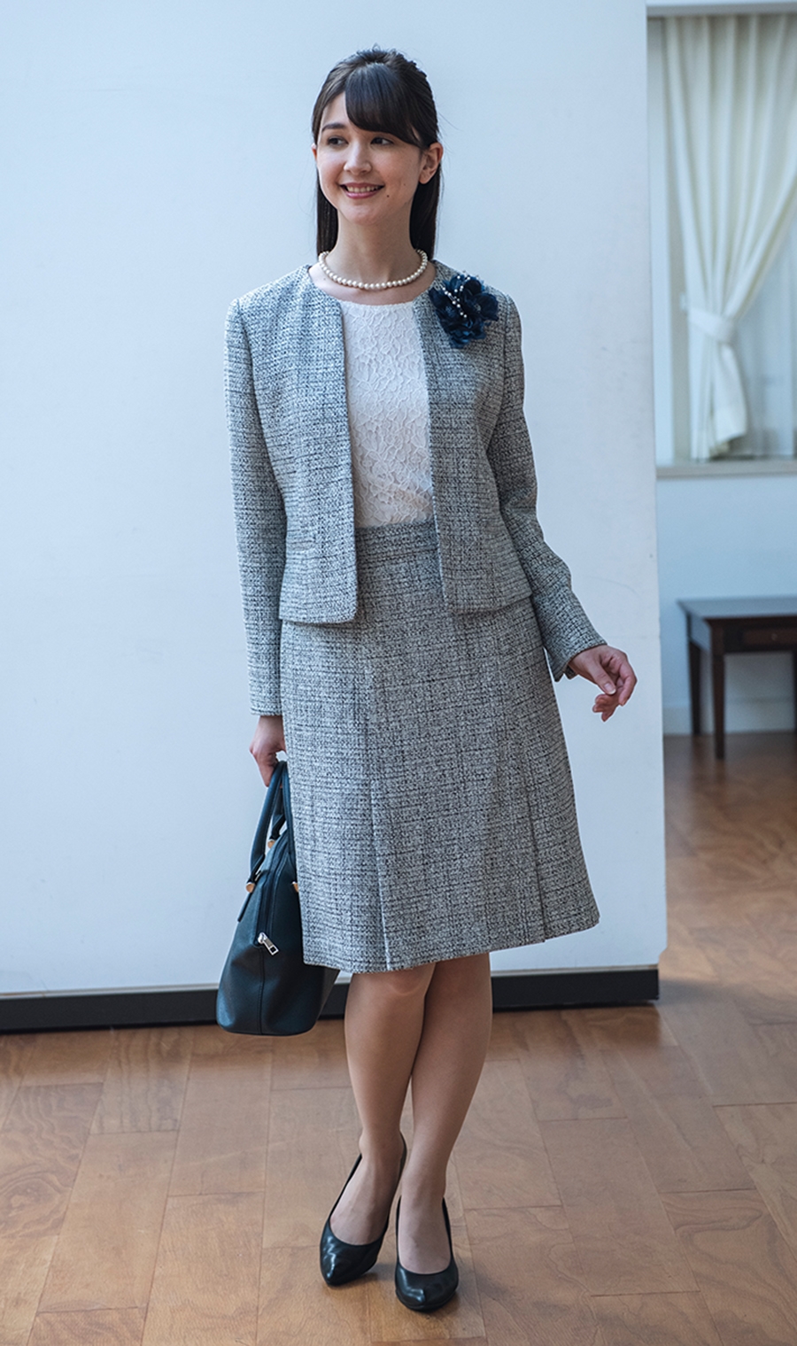 ミックスツイード調Vカラージャケット＋ボックスプリーツスカートセット