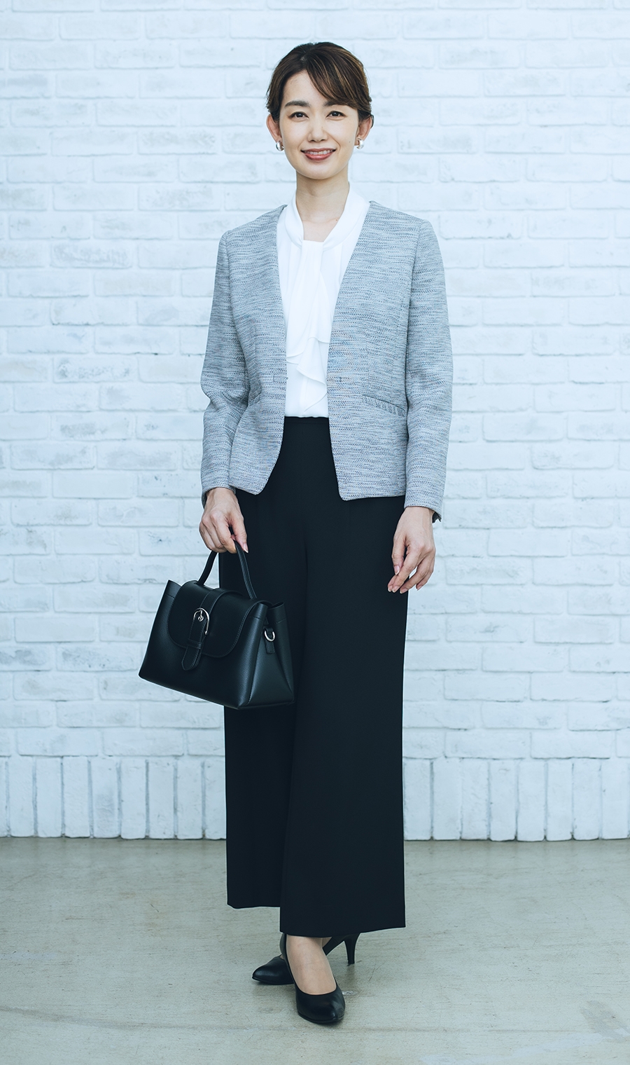 ショート丈Vカラージャケット＋ボウタイブラウス＋ワイドパンツ【3点セット】