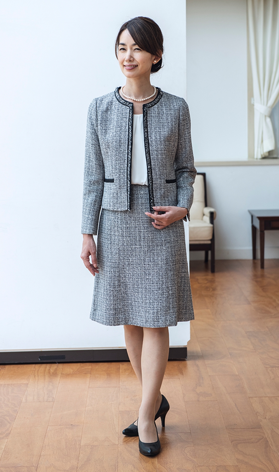 ミックスツイード調ノーカラージャケット＋フレアスカートセット