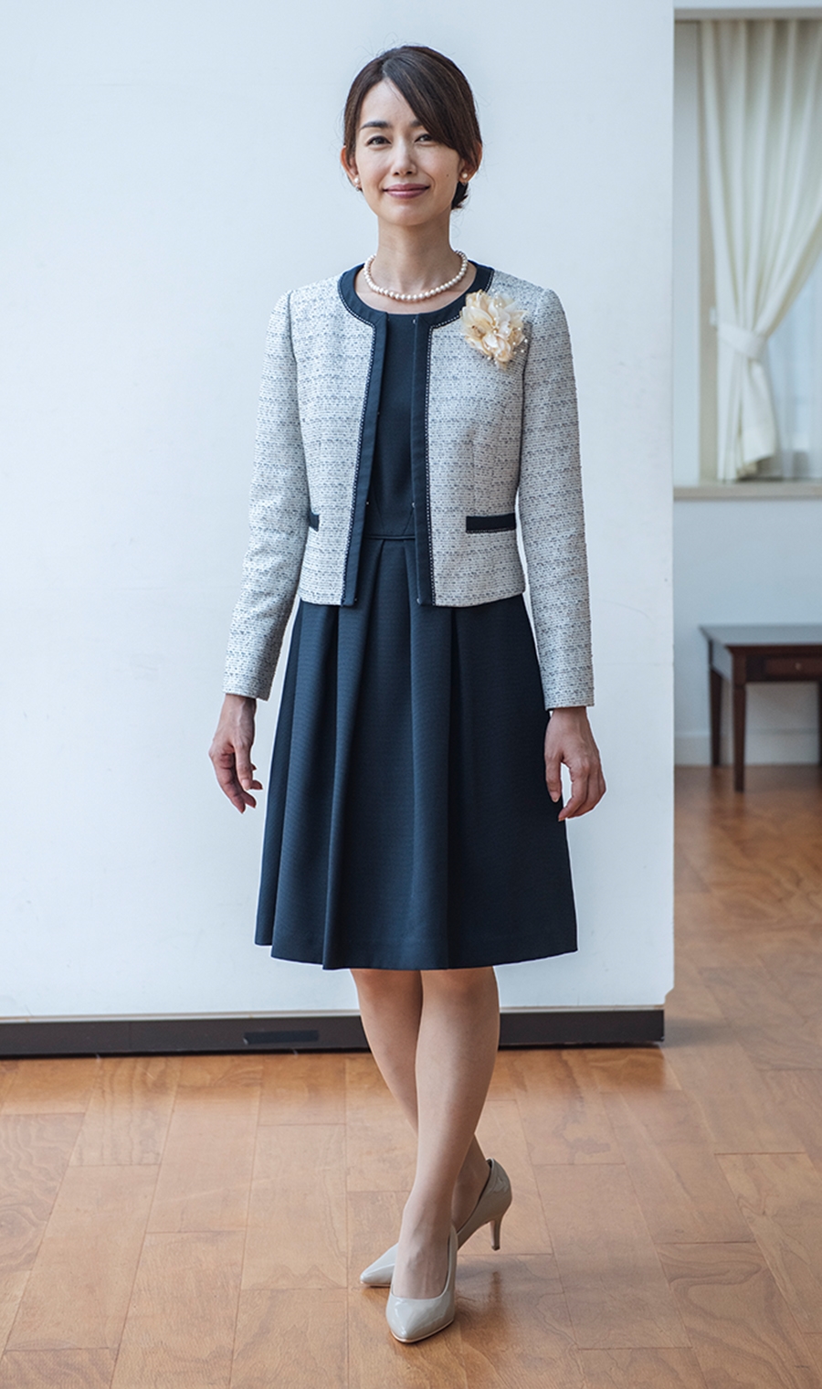 ミックスツイード調ノーカラージャケット＋フレアワンピースセット