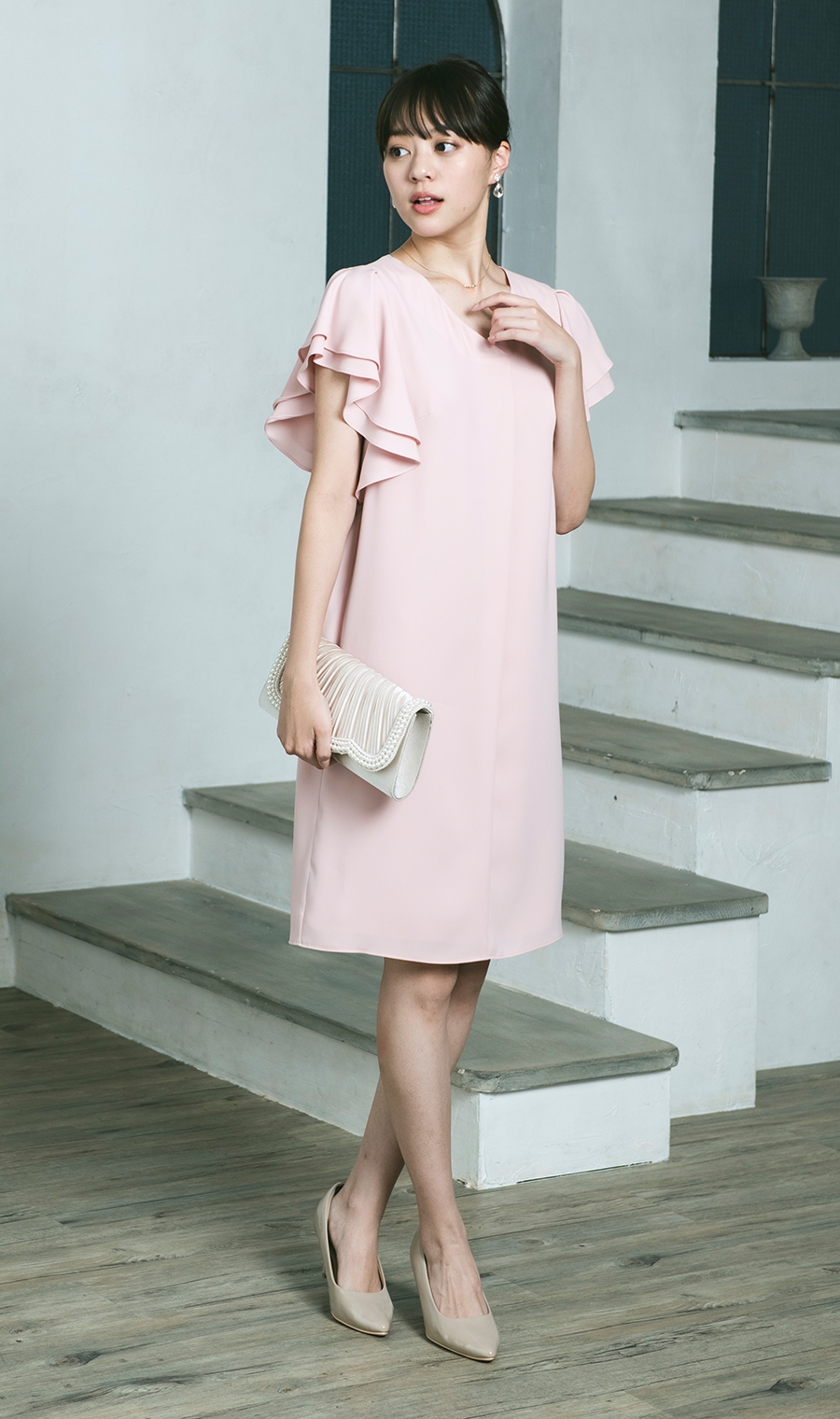 フリルスリーブワンピースドレス