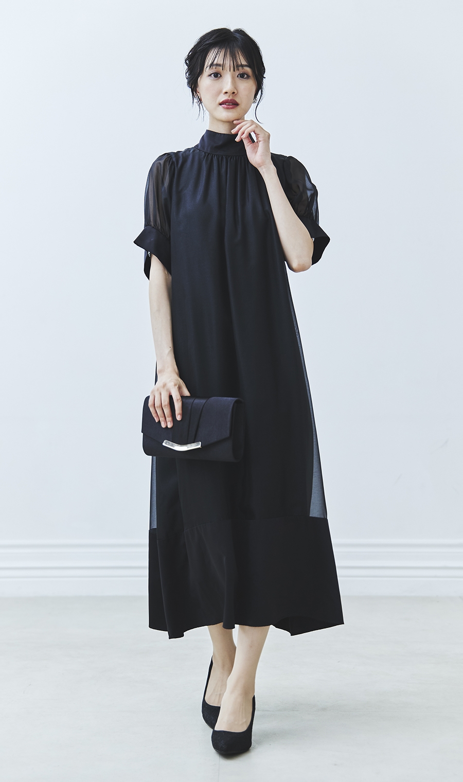 スタンドカラーギャザーロングドレス