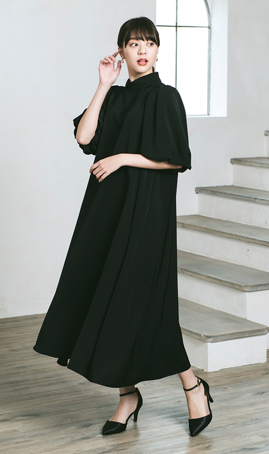 パフスリーブロングドレス