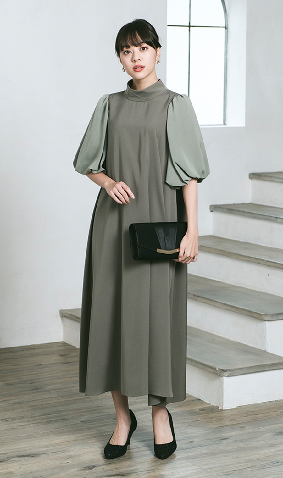 パフスリーブロングドレス