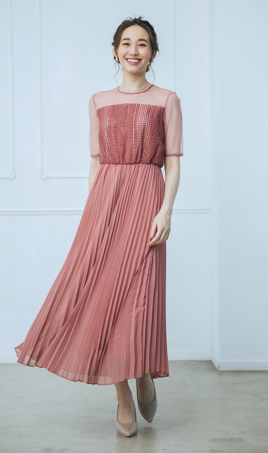 レース×シフォンプリーツスカートドレス