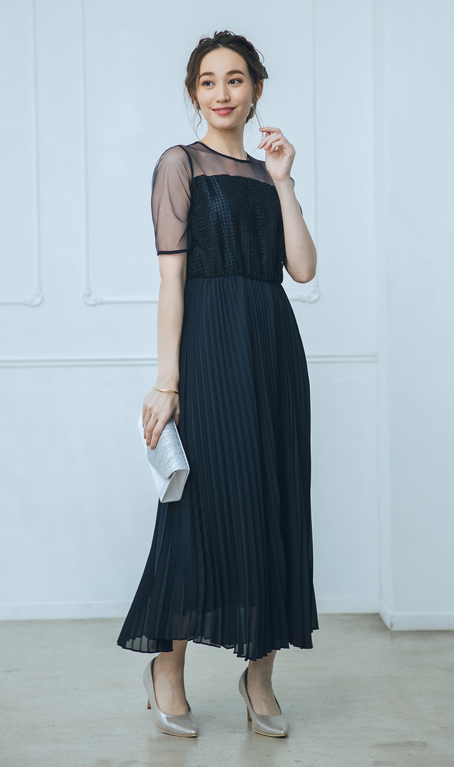 レース×シフォンプリーツスカートドレス