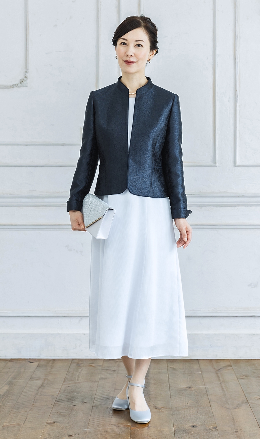 ふくれジャガードジャケット＋ブラウスレイヤード風ワンピースセット