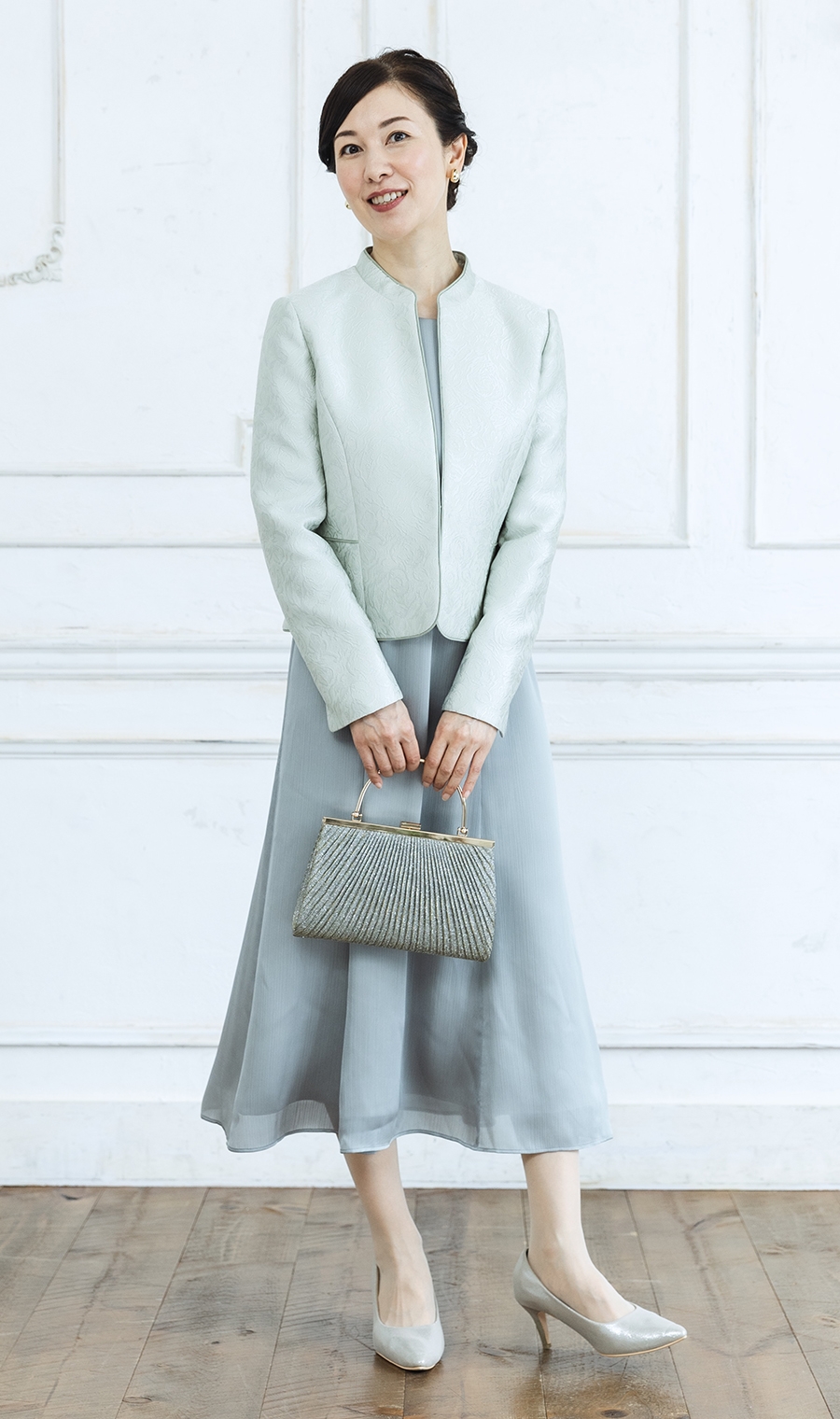 ふくれジャガードジャケット＋ブラウスレイヤード風ワンピースセット