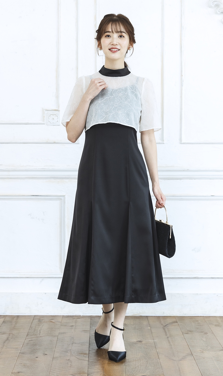 刺繍レースケープコンビドレス