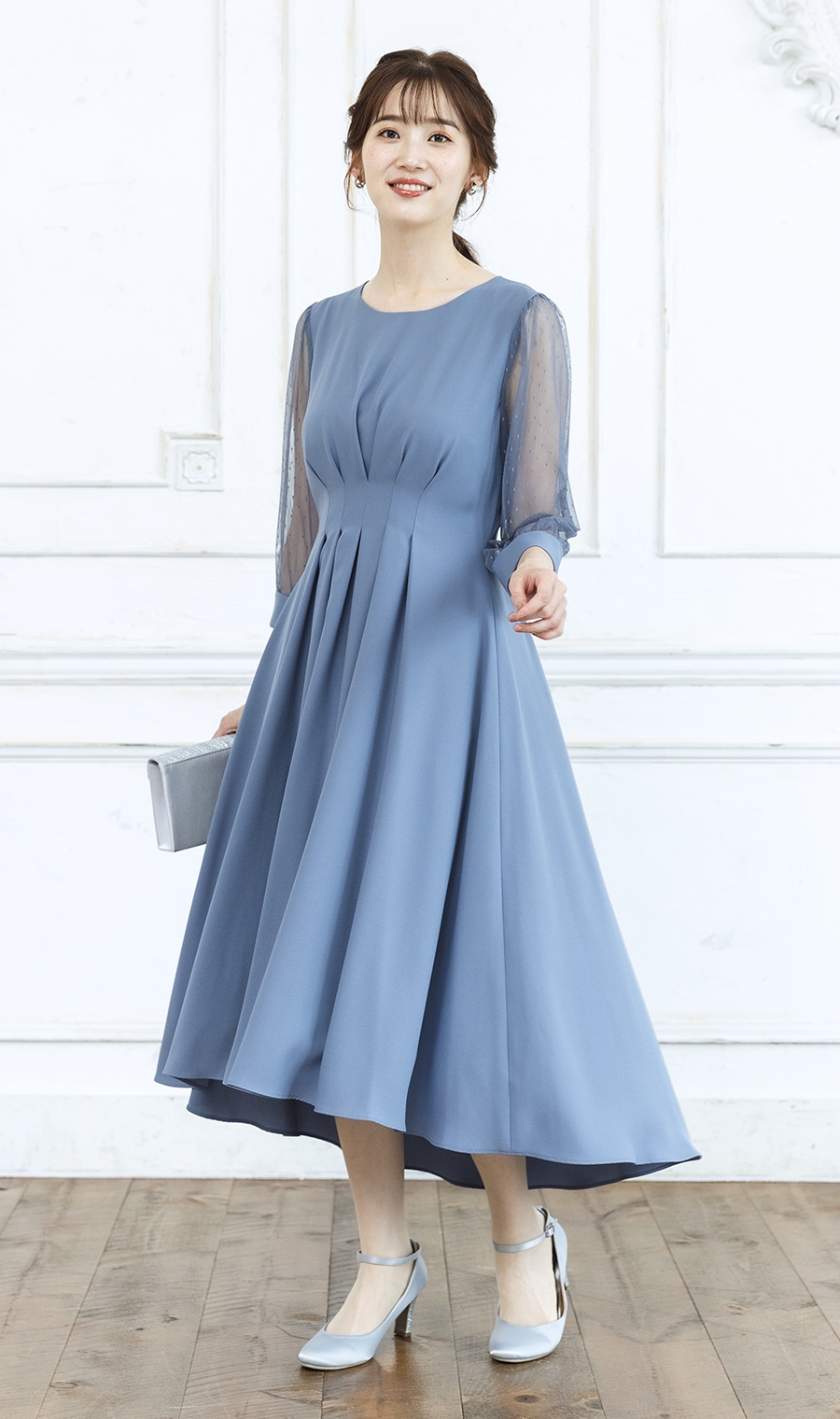 袖ドットチュールタックワンピース