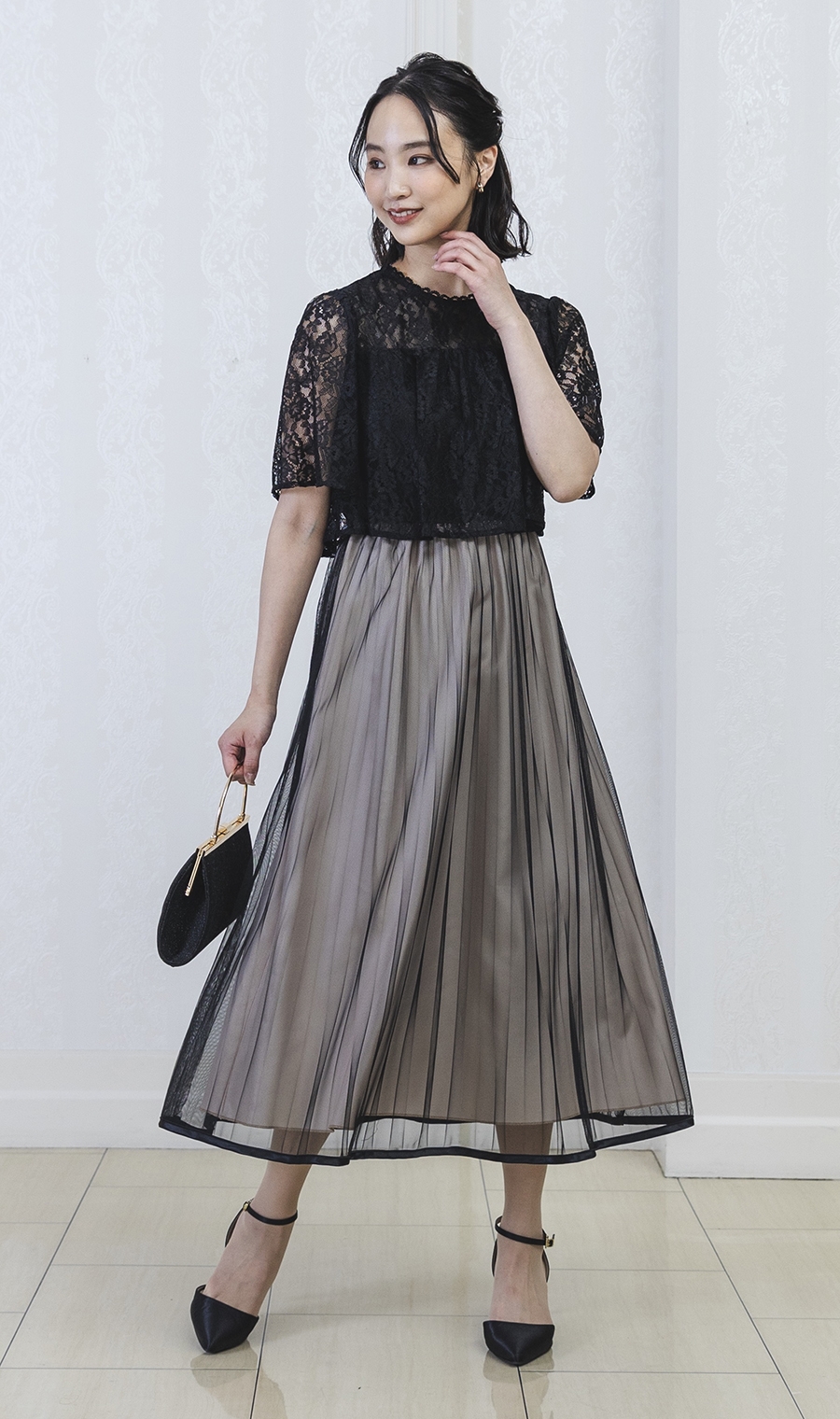 レース×チュールプリーツワンピース