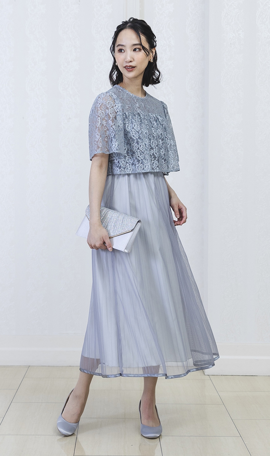 レース×チュールプリーツワンピース