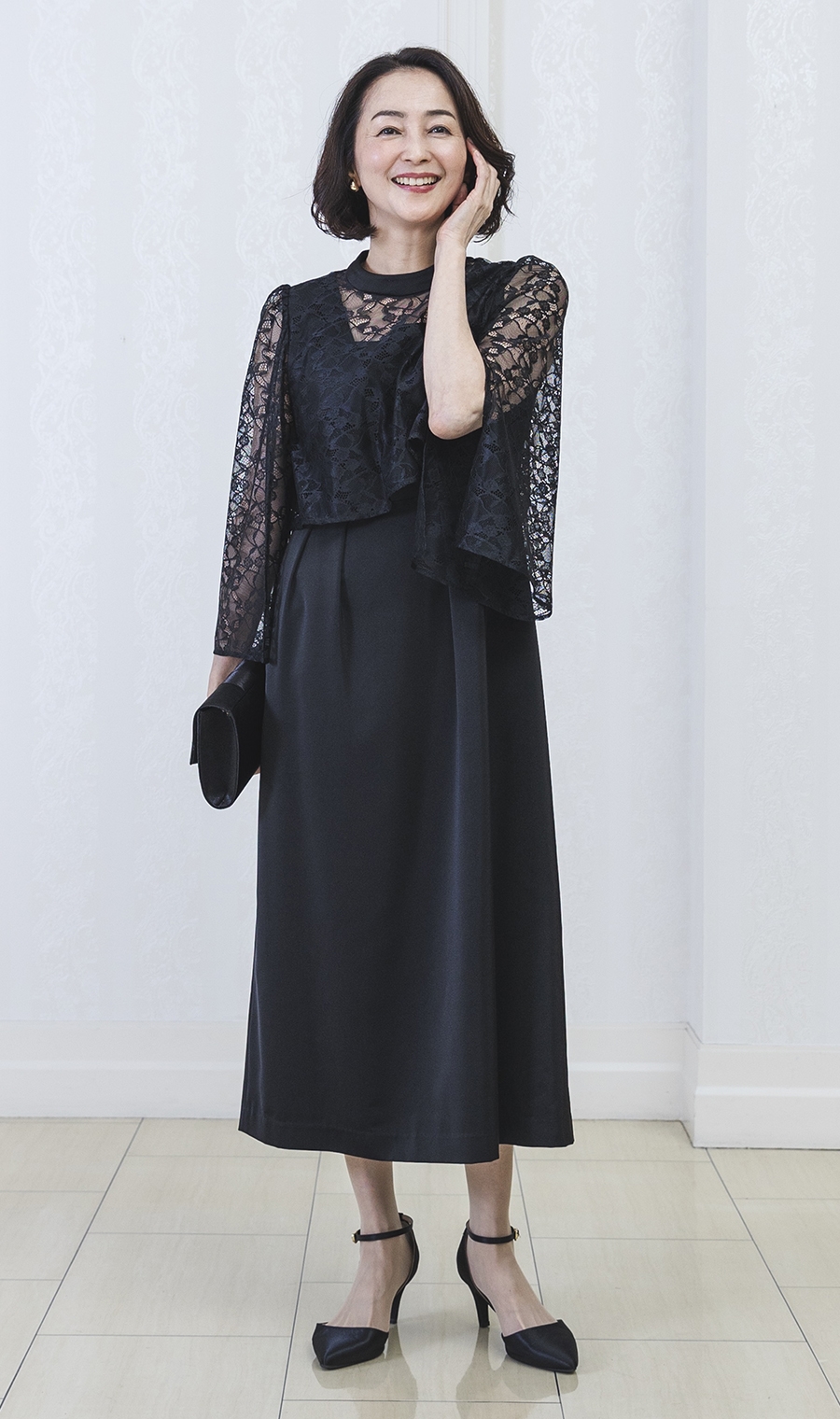 レーススリット袖ロングドレス