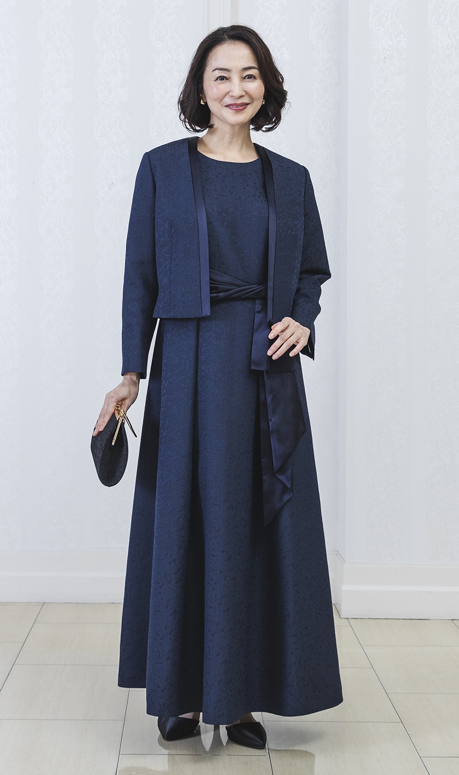 ショート丈ジャガードジャケット＋ウエストリボンフルレングスドレス