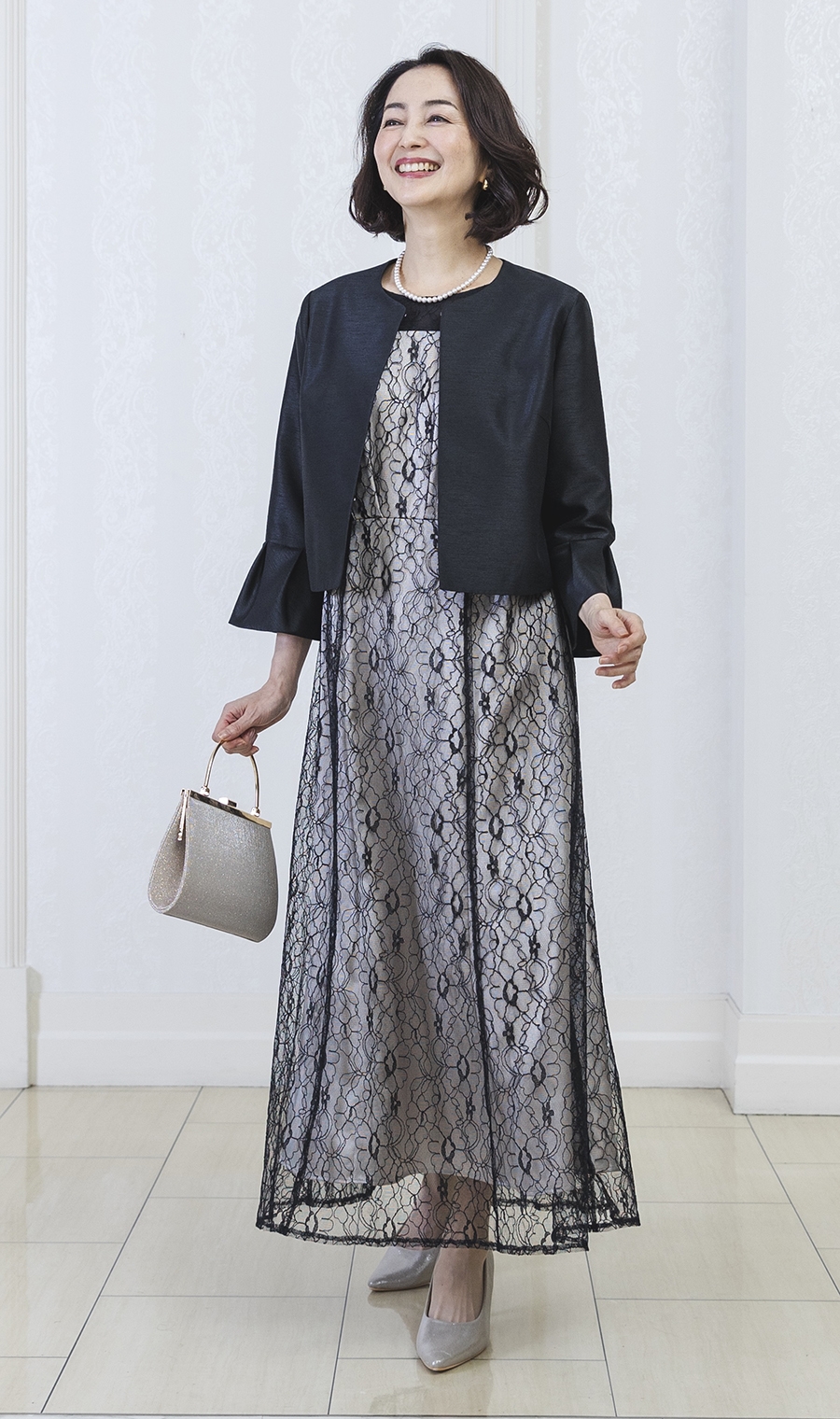 光沢デザインジャケット＋ラッセルレースロングドレスセット