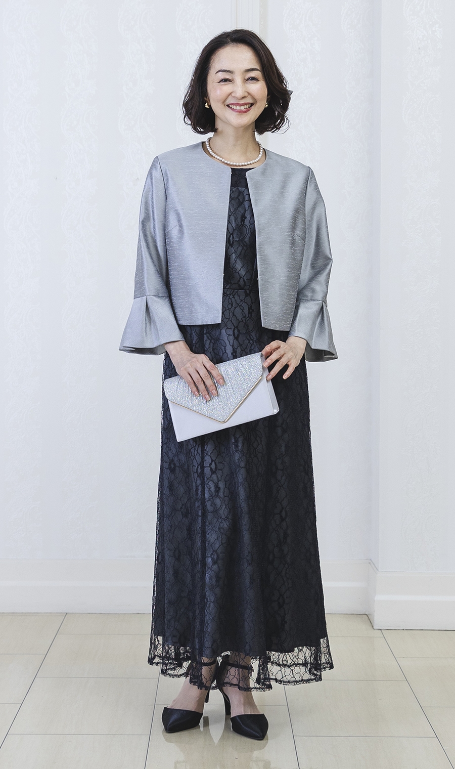 光沢デザインジャケット＋ラッセルレースロングドレスセット