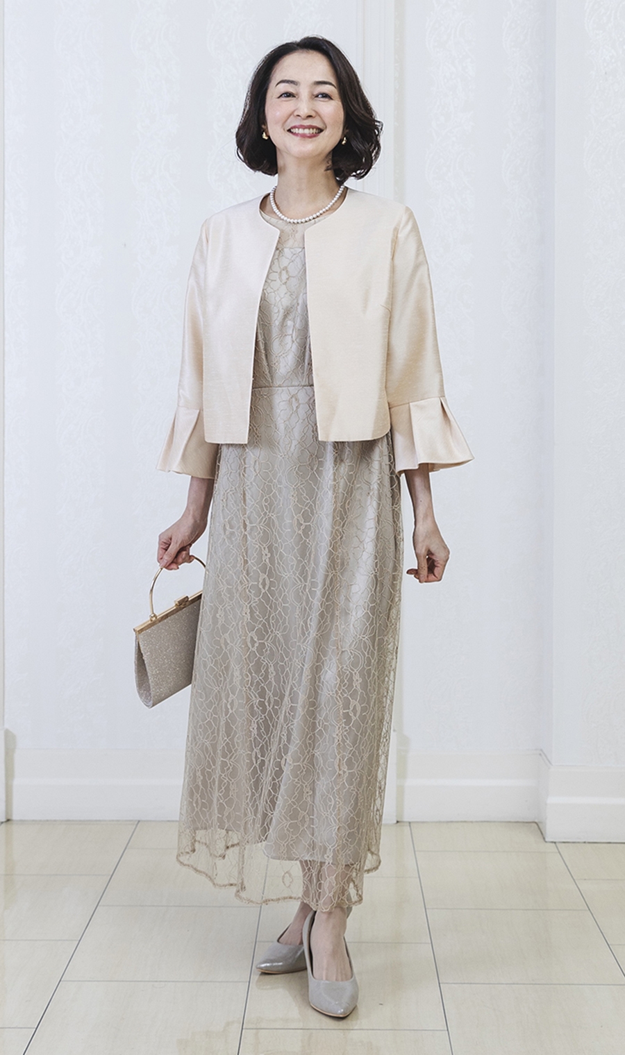 光沢デザインジャケット＋ラッセルレースロングドレスセット